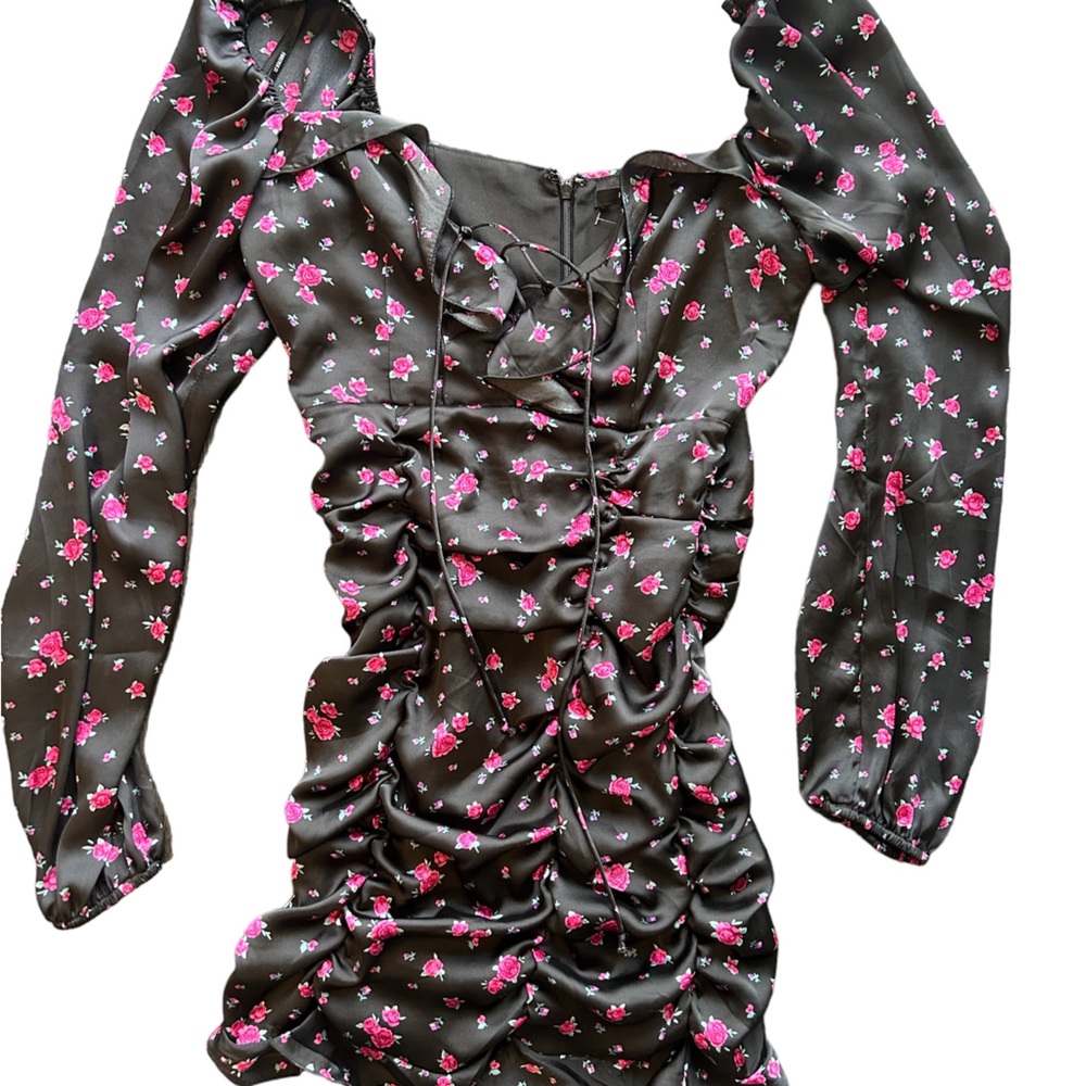 Black floral long sleeve satin dress